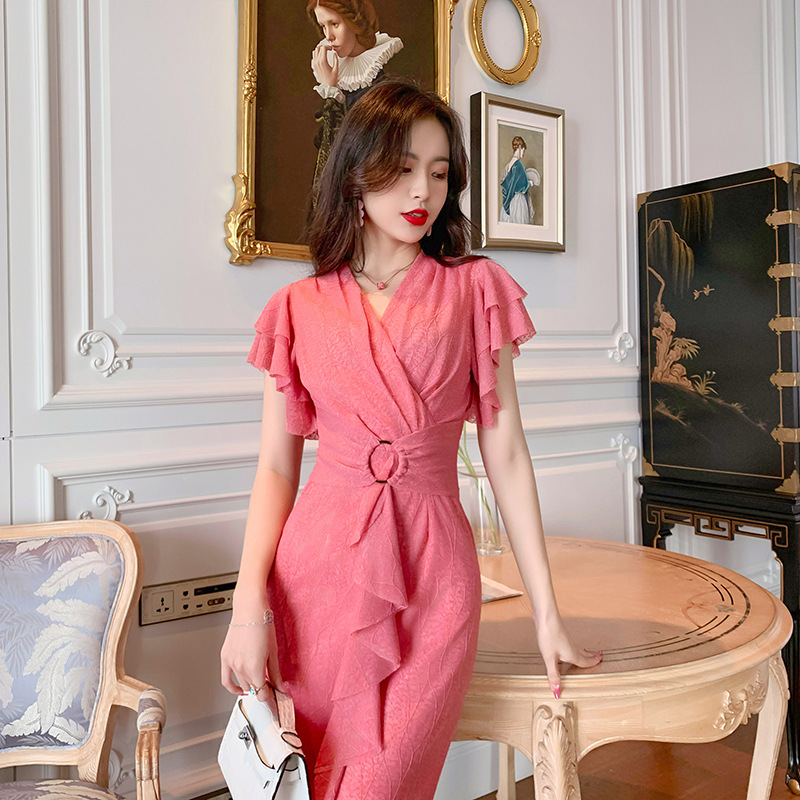 ZYHT Đầm Ren Cổ Chữ V Tay Cánh Tiên Ôm Eo Cao Cho Nữ Cho Nữ váy dạ hội 4878