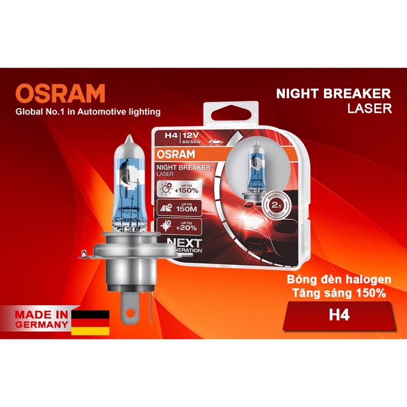 Bóng đèn halogen OSRAM Night Breaker Laser H4 12V, tăng sáng 150%