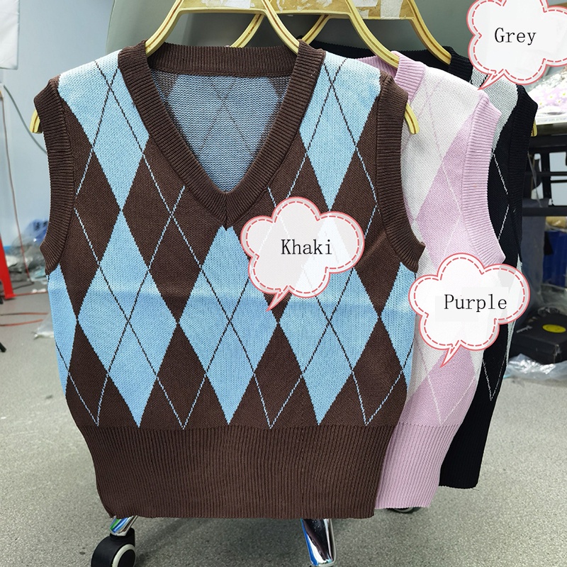 Áo IELGY dệt kim sát nách cổ chữ V màu sắc tương phản phong cách retro cổ điển