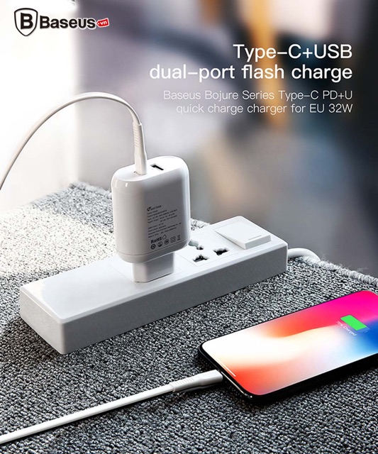 Bộ sạc nhanh đa năng 32W Baseus Bojure cho Smartphone/ Tablet/ Macbook (2 Ports , USB + Type C PD Quick charge 3.0)