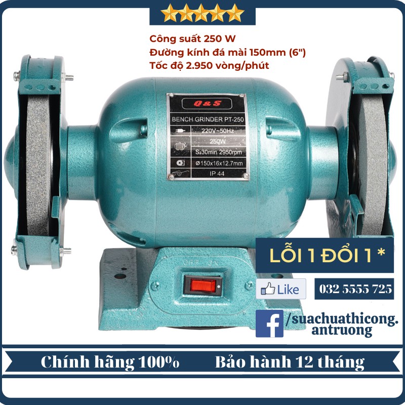 Máy mài bàn 2 đầu - mài cố định 2 đá Q&S PT- 250 chính hãng TQ nội địa, đa năng, tối ưu cho nhà xưởng công nghiệp, GĐ