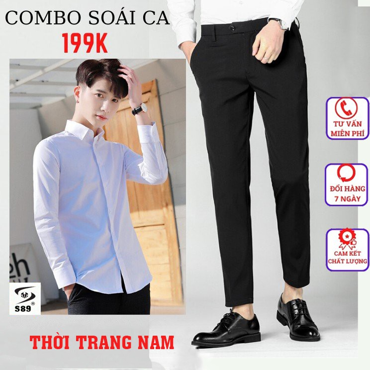 (COMBO X2) Áo sơ mi nam trắng dài tay vs Quần âu nam đen công sở