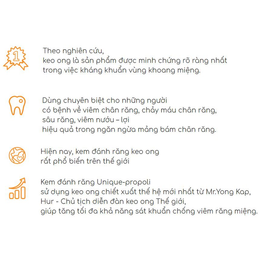 Kem Đánh Răng Keo Ong UNIQUE PROPOLI - Giúp làm sạch cao răng, làm trắng răng, kháng khuẩn, khử mùi hôi, ngừa sâu răng