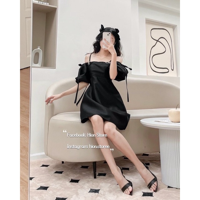 Đầm tiểu thư trễ vai đen đính nơ đá
