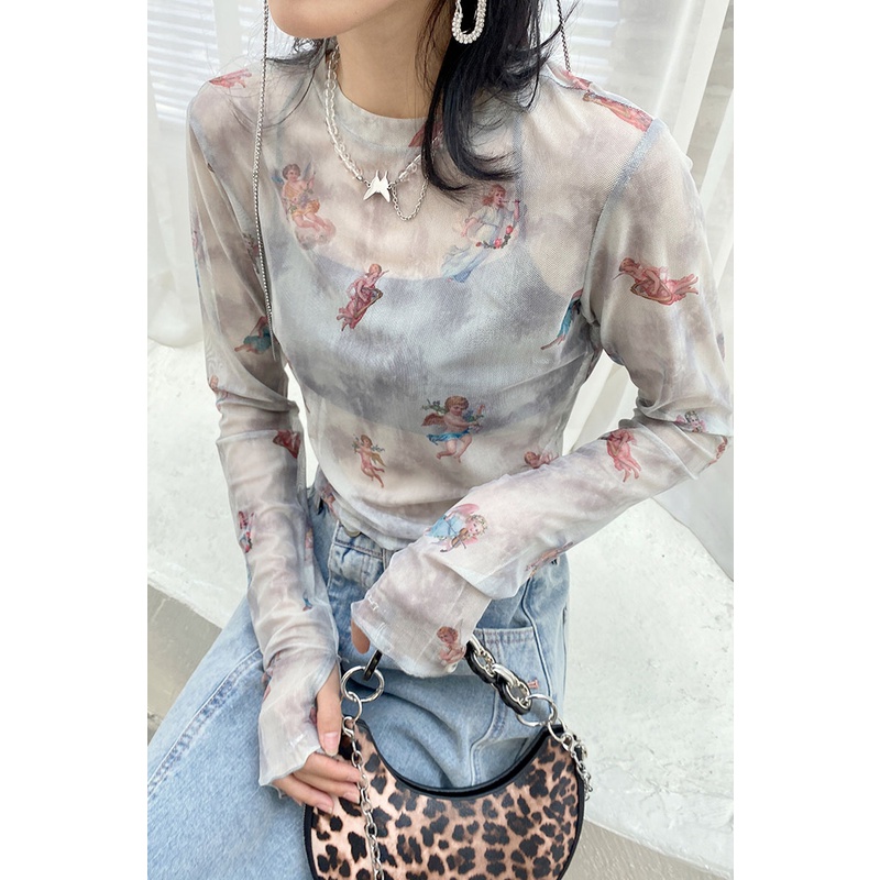 Áo lưới ren mỏng tay dài cổ tròn thời trang cho nữ MS266