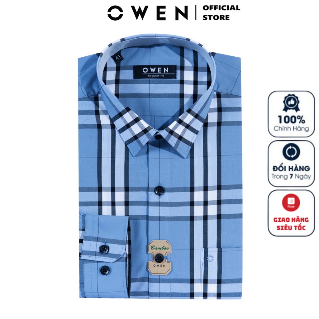 Áo Sơ Mi Nam Dài Tay OWEN AR220053DT Somi Công Sở Vải Sợi Tre Cao Cấp Màu Xanh Caro Đen Trắng Dáng Suông Tà Lượn Có Túi