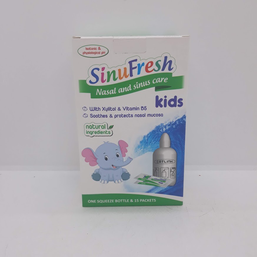 Bình rửa mũi cho bé Cát Linh Sinufresh Kids chai 180ml tặng kèm 15 gói muối nano rửa xoang, dụng cụ có van điều chỉnh