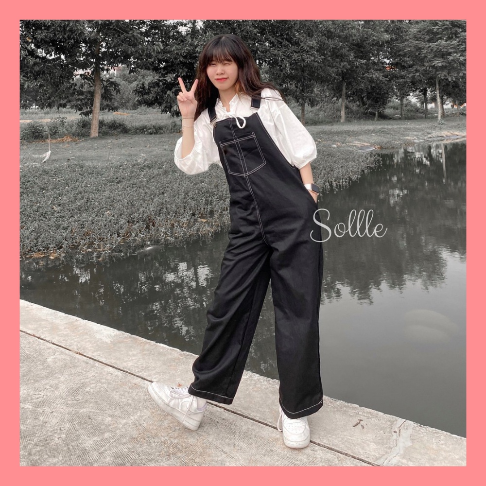 Yếm quần kaki Ulzzang viền chỉ nổi dáng suông phong cách Hàn Quốc Sollle