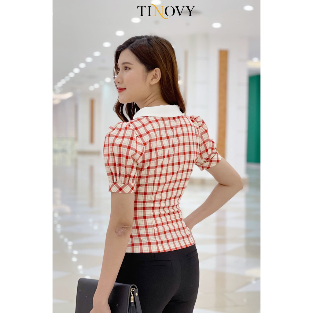 Áo Sơ Mi Tay Cộc Cổ Sen Túi Giả Thời Trang Nữ Công Sở TINOVY 121614