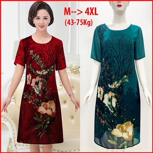 [M->4XL] THỜI TRANG TRUNG NIÊN-ĐẦM VOAN 2 LỚP, KIỂU ĐẦM SUÔNG TRUNG NIÊN CỔ TRÒN IN HOA SEN 3226 3242 3280 3209 3303