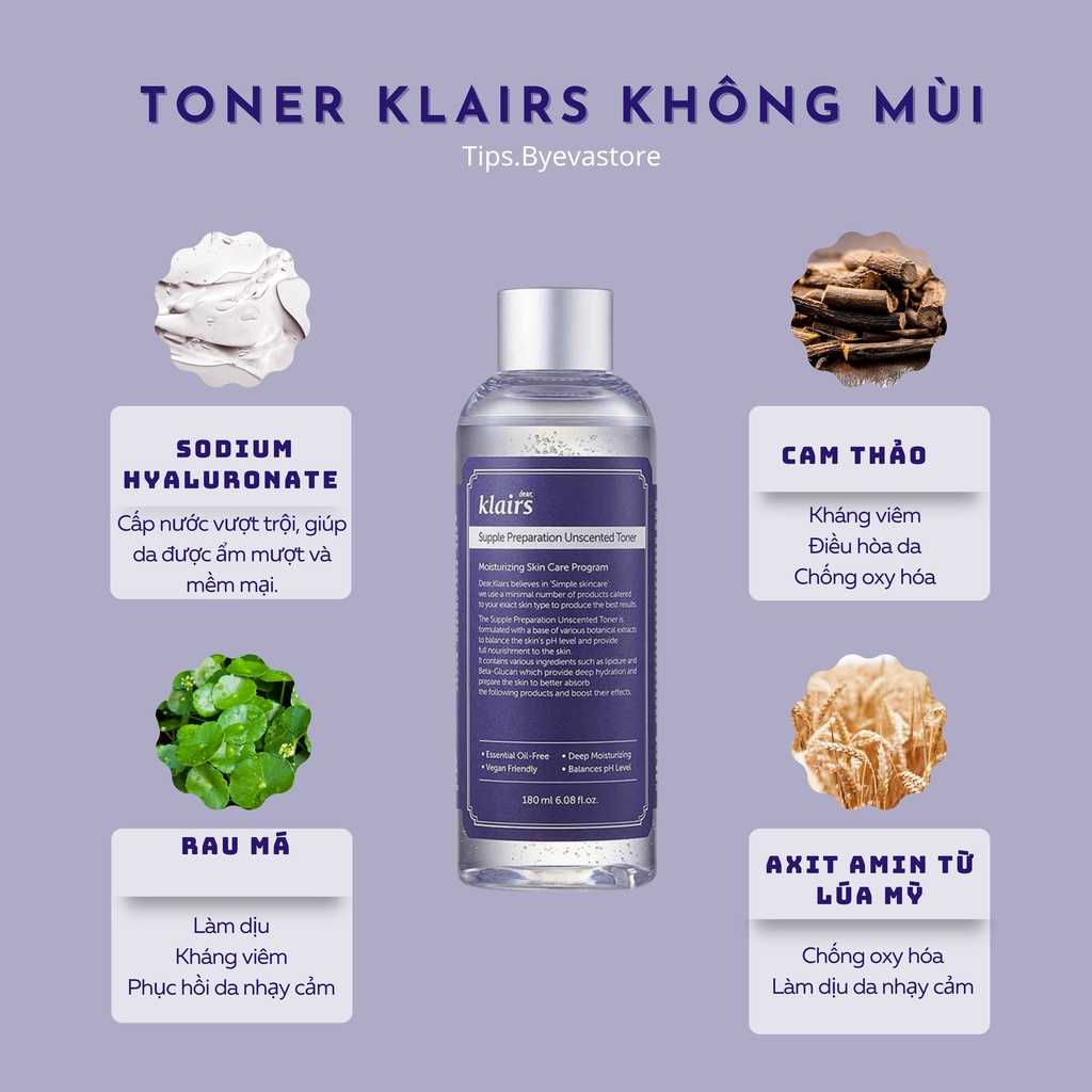 [Nhập Khẩu] Nước Hoa Hồng Không Mùi Dưỡng Ẩm, Làm Dịu Da Klairs Supple Preparation Unscented Toner 180ml