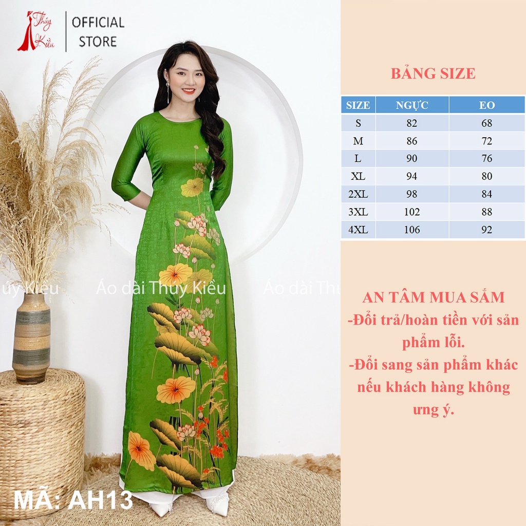 Áo dài thiết kế nữ đẹp may sẵn trung niên cách tân tết xanh hoa sen AH13 mềm mại, co giãn