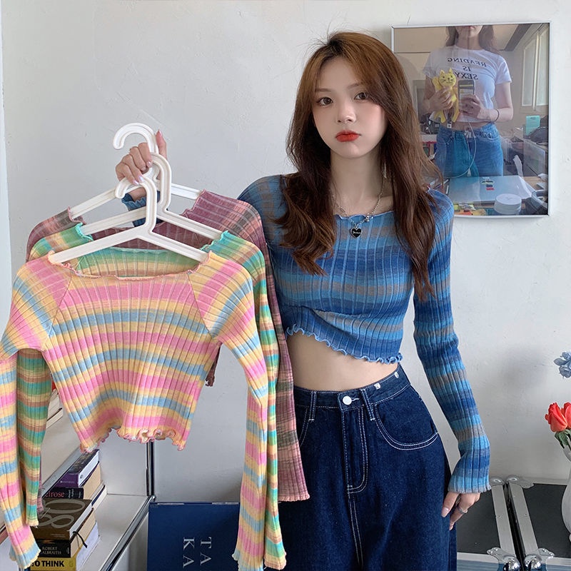 Áo Sweater Tay Dài Dáng Ôm Kẻ Sọc Cầu Vồng Hở Vai Quyến Rũ Cho Nữ