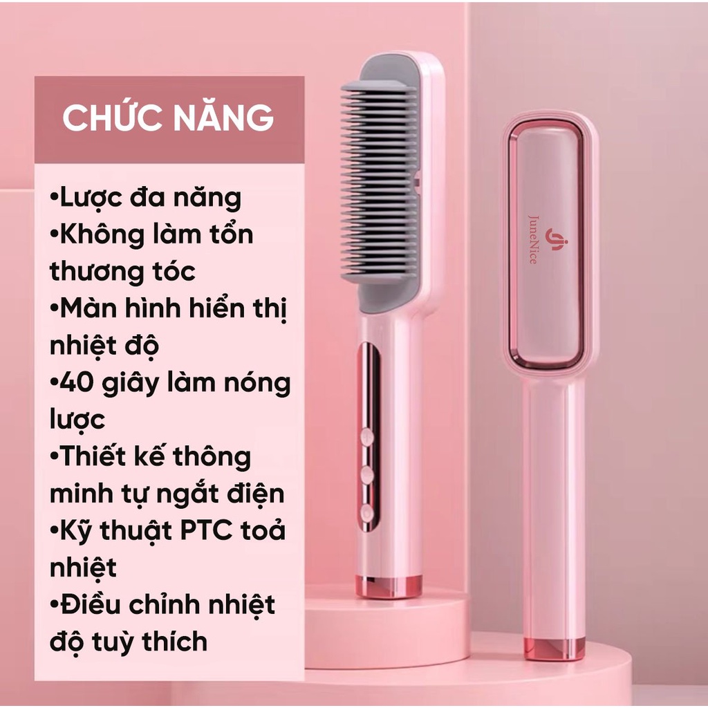 Lược điện chải thẳng tóc màu hồng, an toàn khi sử dụng chống bỏng có đèn LED điều chỉnh nhiệt độ tiện lợi tiết kiệm giờ
