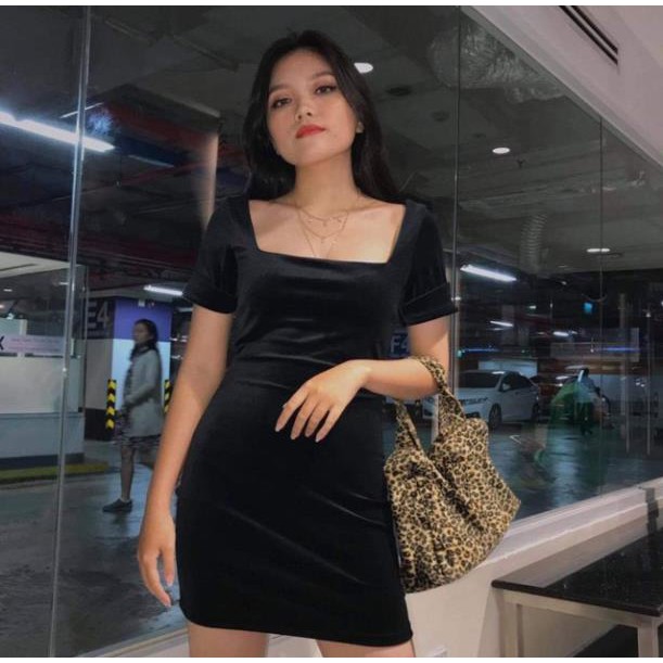 Đầm đen Velve Dress sang chảnh đẹp độc lạ đầm dự tiệc có dây khoá kéo sau lưng co giãn nhẹ - váy cổ xuông ôm body  ྇ ྇