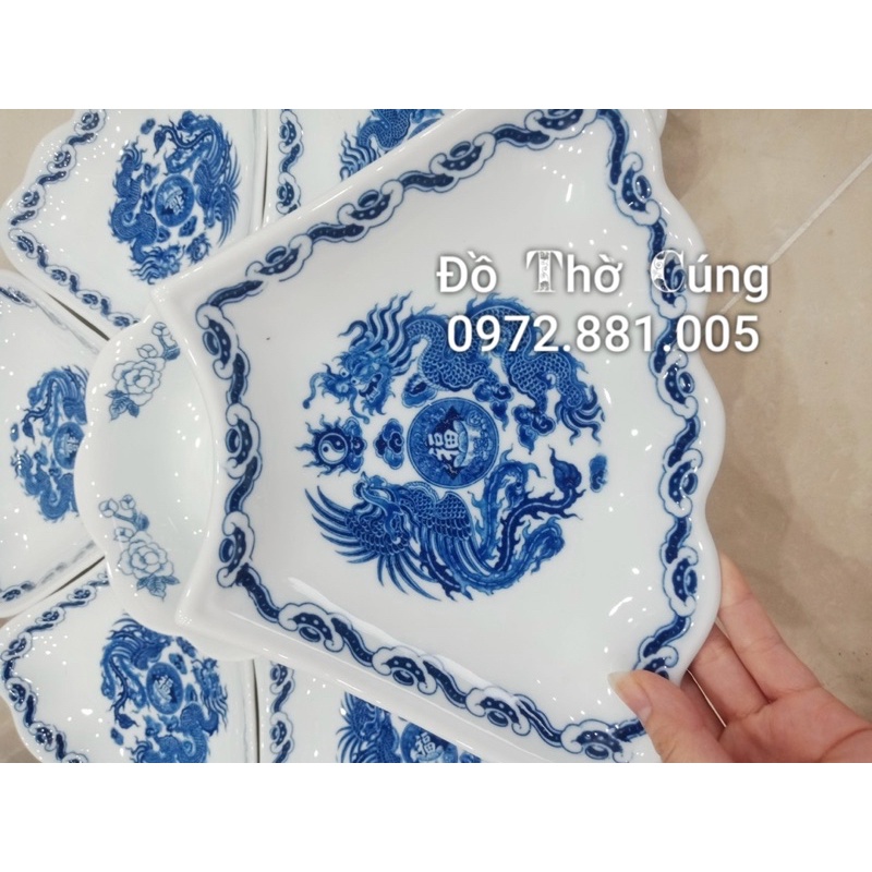 Bộ bát đĩa hoa mặt trời men lam bày cơm cúng ( Rồng phượng )