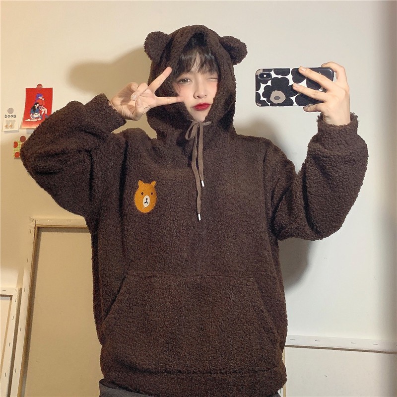 Áo hoodie len bông tay dài không có túi gấu logo nhỏ nón tai gấu cute ulzzang ( 2 màu )