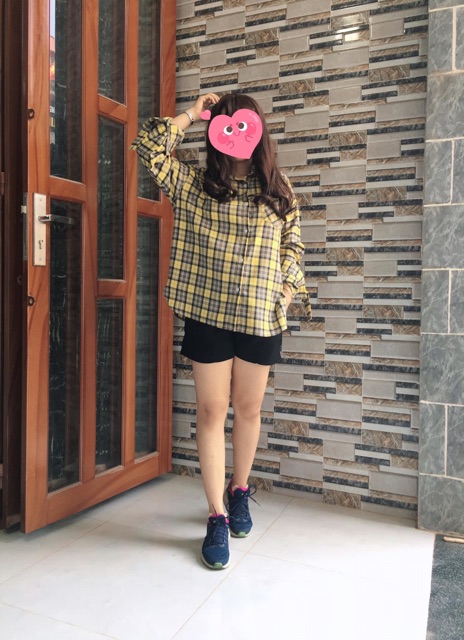 Áo sơ mi oversize 2 cổ caro vàng