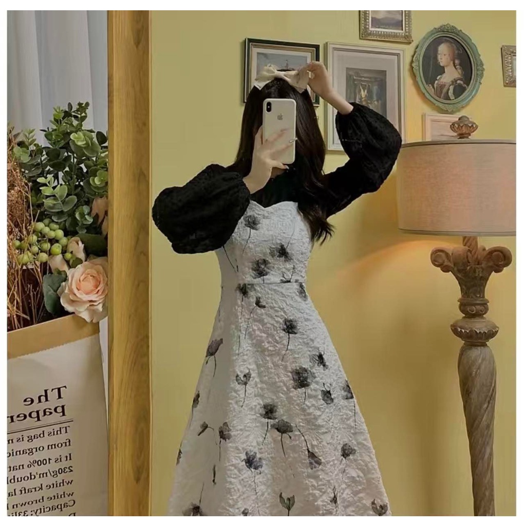 Set sơ mi dài tay + đầm hai dây dáng dài phong cách Retro 2022