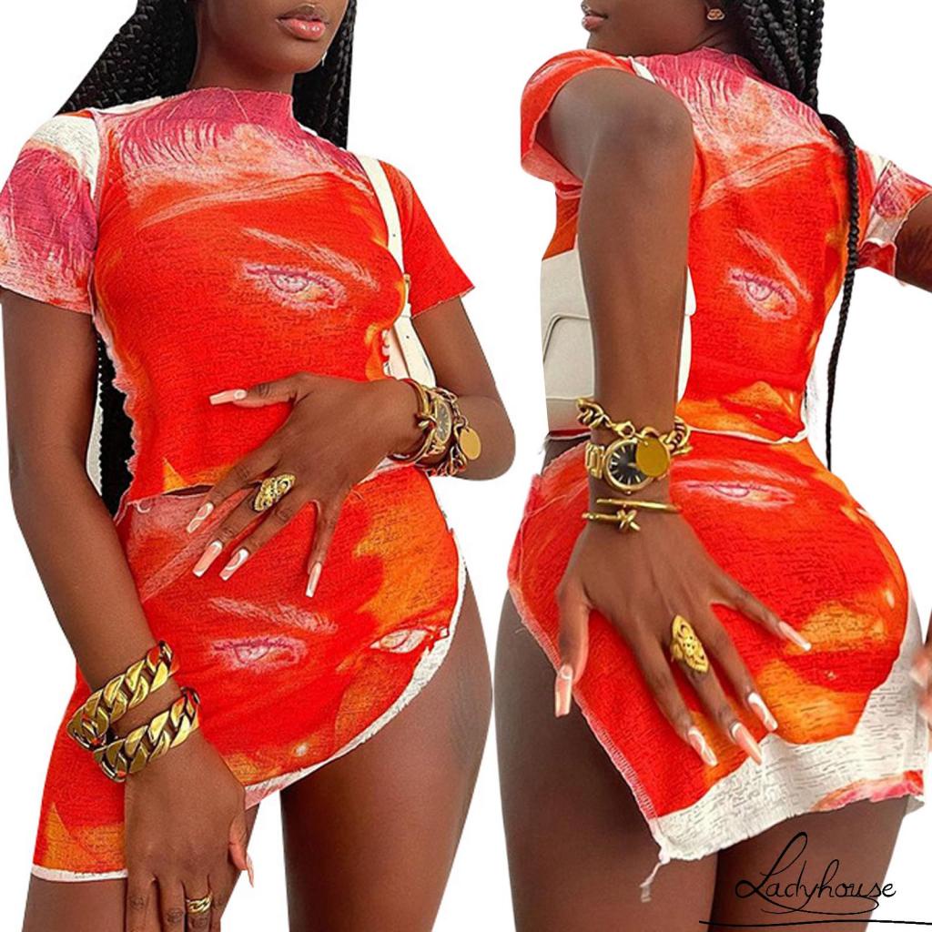 Bộ Trang Phục 2 Mảnh Gồm Áo Crop Top Tay Ngắn Màu Nhuộm Và Chân Váy Ngắn Thời Trang Mùa Hè Cho Nữ