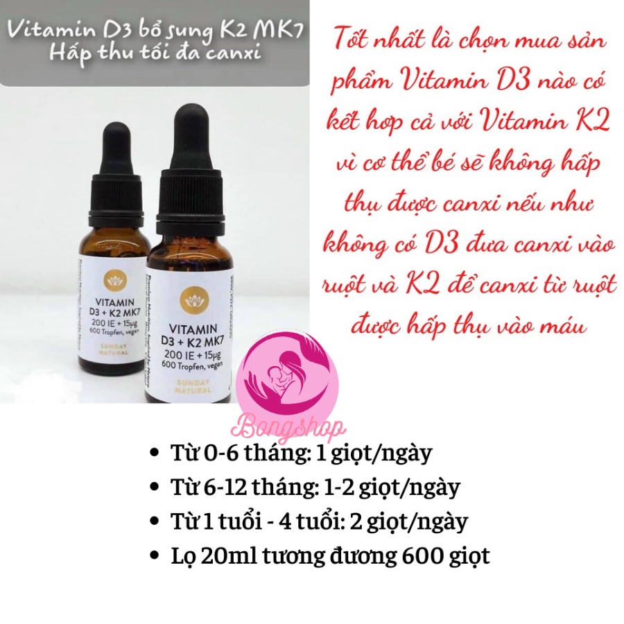 [CHUẨN AUTH] Vitamin D3 K2 MK7 Sunday Natural Đức 20ml Cho Trẻ Từ Sơ Sinh Đến 4 Tuổi, Tăng Hấp Thụ Canxi tăng chiều cao