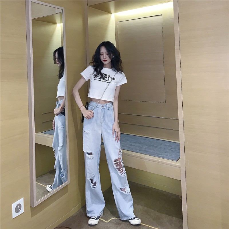 Set áo thun croptop tay ngắn cổ tròn + quần jeans dài nữ lưng cao chân ống rộng xanh nhạt rách 2 bên ulzzang ( 2 màu )