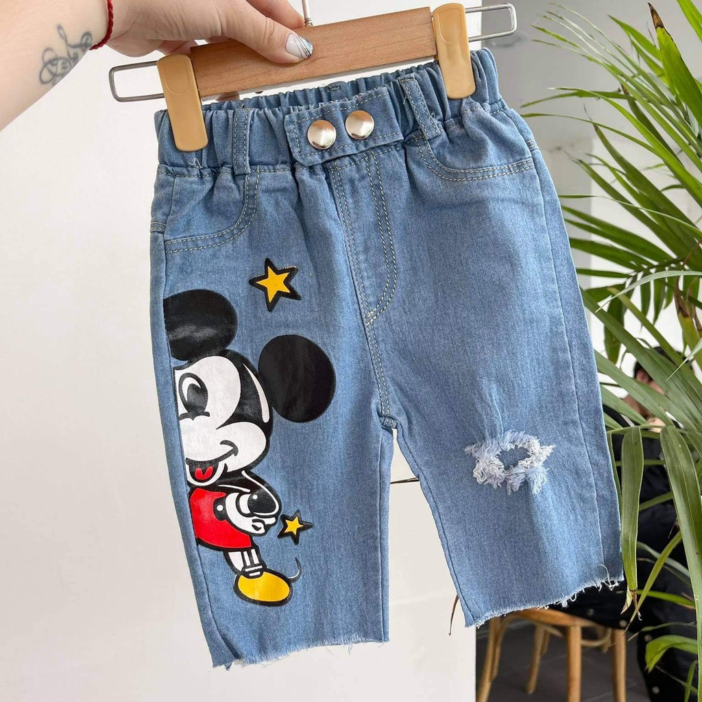 Set đồ cho bé gái 🍎[𝐅𝐑𝐄𝐄𝐒𝐇𝐈𝐏]🍎Set Mickey ba lỗ chất cotton 100% phối quần Jean lửng mềm mát mặc hè-SHOP BỐN MÙA