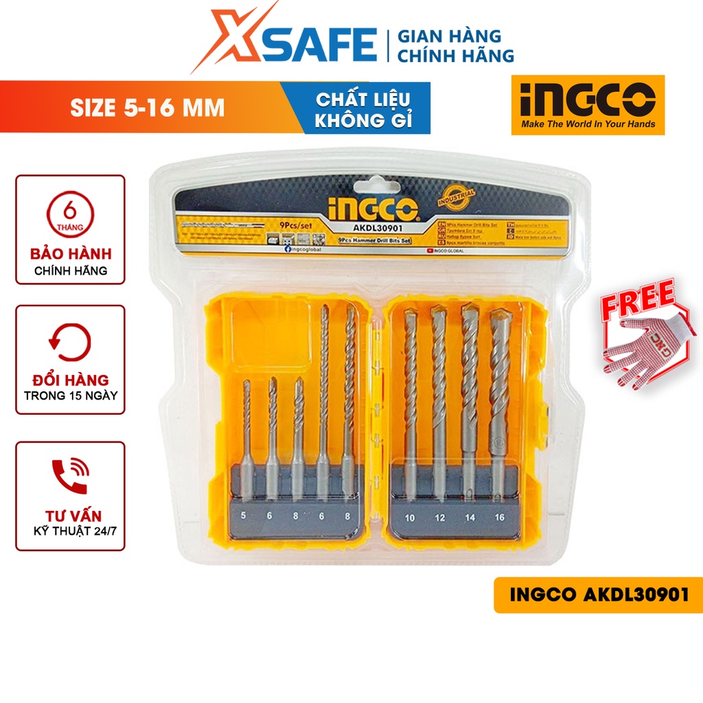 Bộ 9 mũi khoan bê tông đuôi gài INGCO AKDL30901 Bộ mũi khoan 9 chi tiết SDS Plus, đóng gói bằng vỉ kép