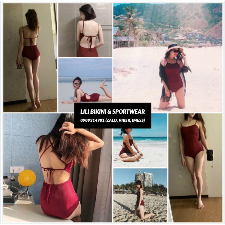 (Có sẵn,ảnh thật) đồ bơi bikini đỏ mận liền thân buộc dây lưng swimwear