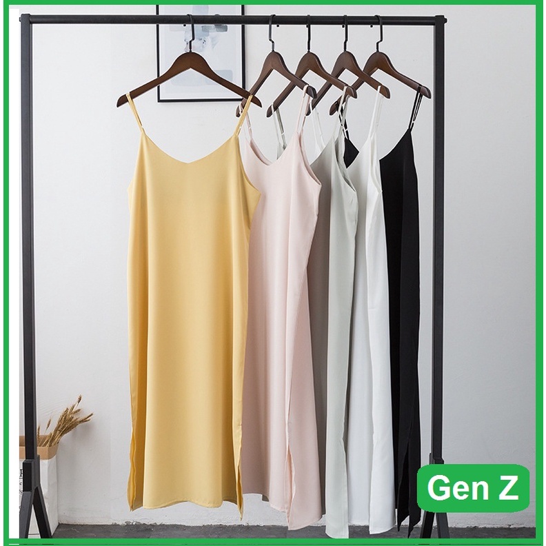 Váy 2 dây, đầm xuông chất đũi lụa trơn basic nữ MIXGENZ
