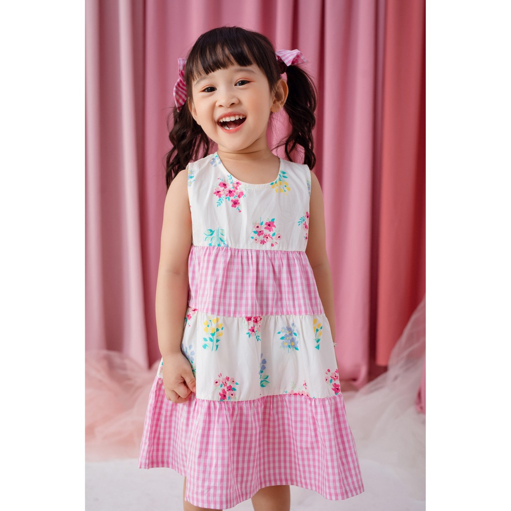 [LITTLE PINK] LISA DRESS - Váy caro hồng mix hoa bé gái