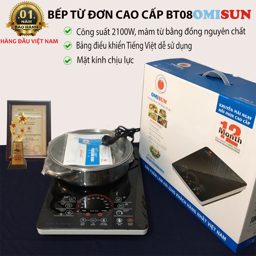 Bếp Từ Đơn Cao Cấp 2100W OMISUN- BT08 Công Nghệ Nhật Bản - Mặt Kính Bóng Cường Lực- Tặng Kèm Nồi Ino