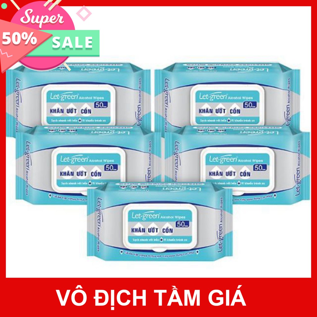 Combo 3 gói khăn ướt cồn Let-green (50 miếng/gói) diệt khuẩn 99,99%.