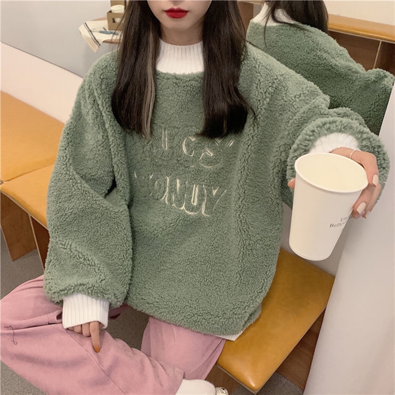 Áo khoác sweater IELGY vải nhung dày len giả lông cừu dáng rộng cho nữ sinh