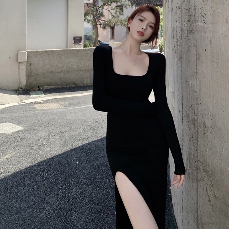 Đầm Cổ Vuông Ôm Dáng Xẻ Tà Quyến Rũ Thời Trang Phong Cách Hàn Quốc Cho Nữ