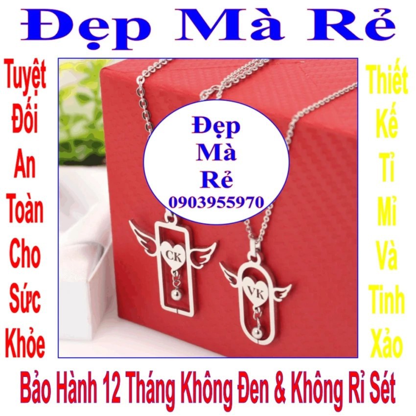 Dây chuyền cặp màu trắng hình đôi cánh thiên thần khắc chữ VK / CK (2 dây) - DCC00012T035069
