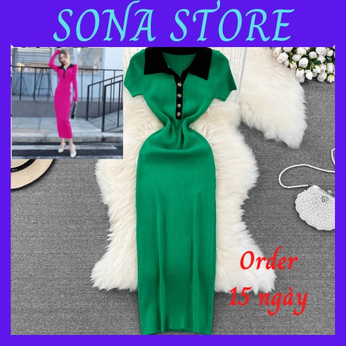 Váy body polo len dệt kim dáng dài tay ngắn đầm ôm nữ sexy gợi cảm sang chảnh tiểu thư bánh bèo hàng quảng châu cao cấp
