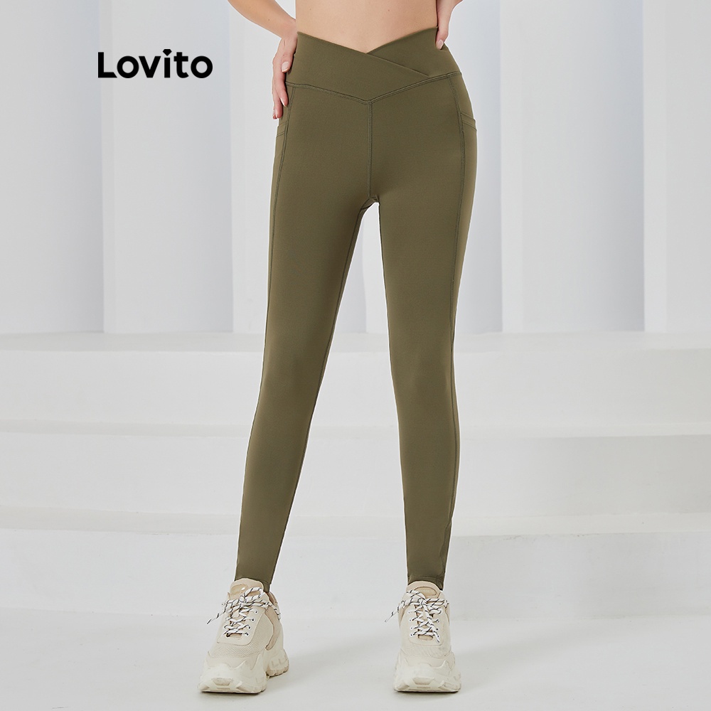 Quần legging Lovito thể thao ôm dáng trơn không lớp lót độ co giãn cao có túi L04019 (Xanh lá) | BigBuy360 - bigbuy360.vn