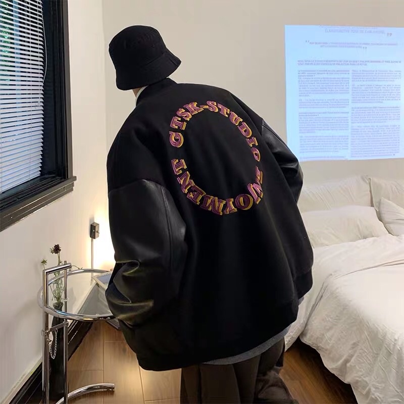 🔥Deal sốc🔥 Áo BOMBER VARSITY JACKET màu đen vải nỉ bông dày phối tay da màu đen unisex