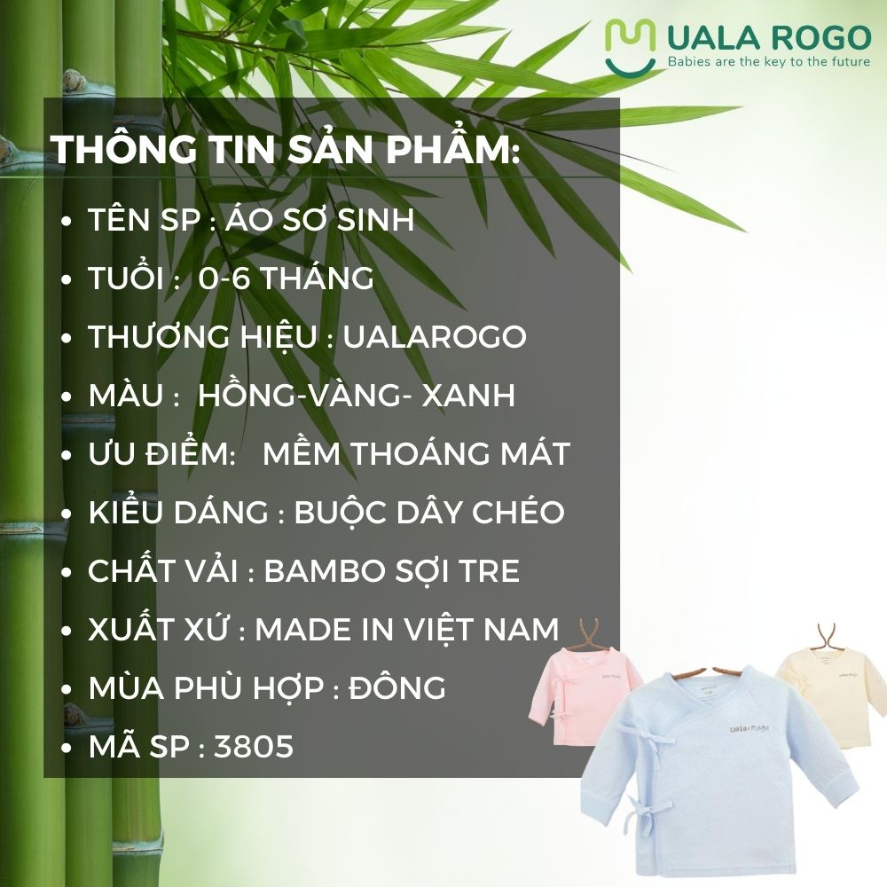 Áo sơ sinh Uala rogo 0-6 tháng vải sợi tre Bamboo mềm mịn buộc dây chéo khử khuẩn chống tia UV UR8035