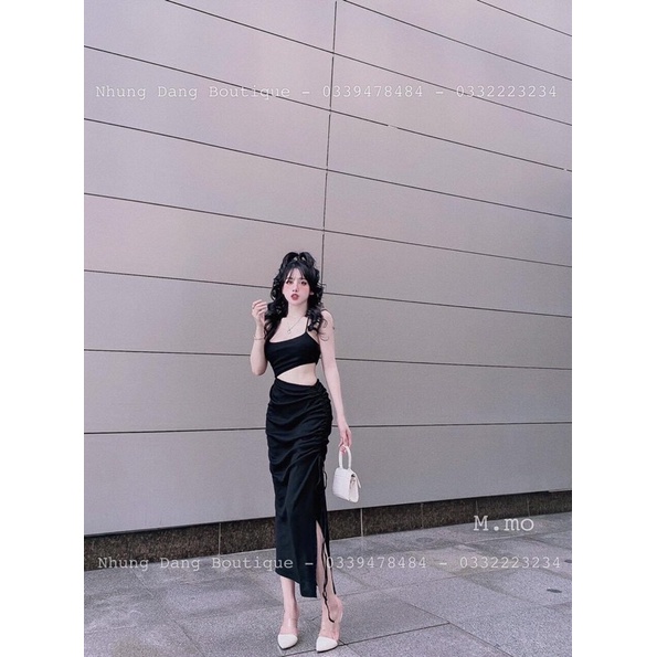 Đầm 2 dây khoét eo nhúng một bên