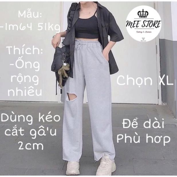 Quần Nỉ Ống Rộng Rách Gối dành cho nam nữ,Quần Baggy Cạp Cao Thun Dài Rách Đùi Unisex Siêu Hot ་