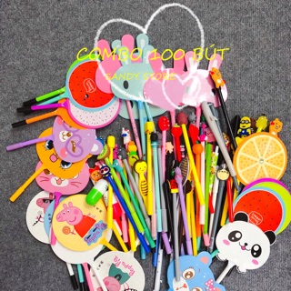 [Bút cute các mẫu] Combo 100 Bút Mix Hoạt Hình - Mực Xanh