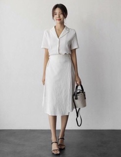 Đầm cổ vest, váy công sở màu trắng đắp tà (kèm hình thật)
