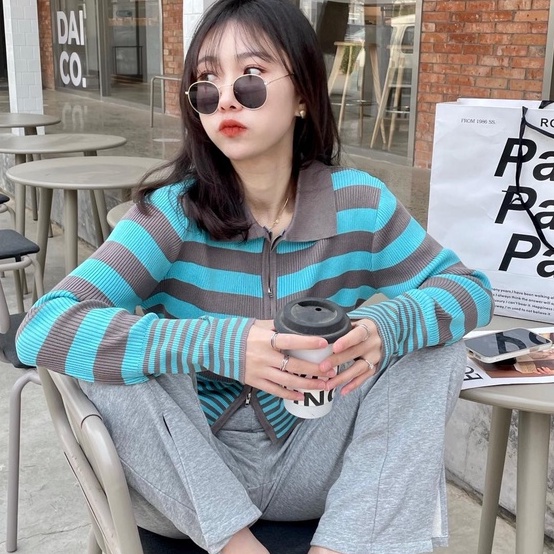 Áo khoác cardigan ZHELIHANGFEI dệt kim cổ bẻ dáng ôm hoạ tiết kẻ sọc hợp thời trang