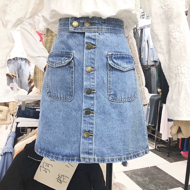 (Order) Có bigsize - Chân váy chữ A jeans cài cúc dọc phối 2 túi trc