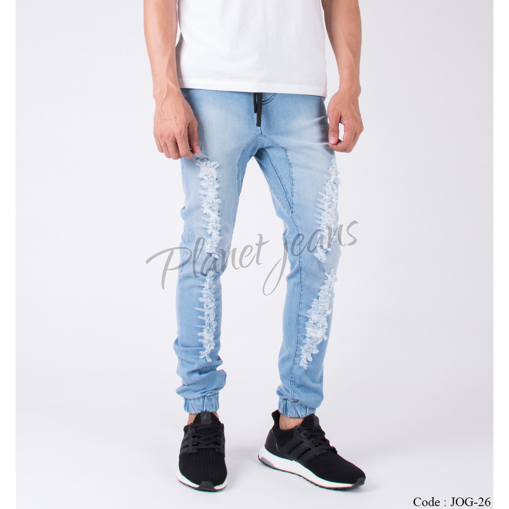 Quần Jogger Vải Jean Rách Màu Xanh Dương 26