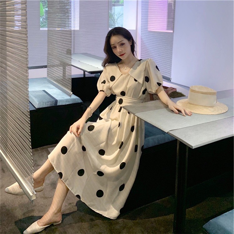 Váy Tiểu Thư Chấm Bi Dáng Dài Nơ Buộc Eo Xinh Xắn | BigBuy360 - bigbuy360.vn