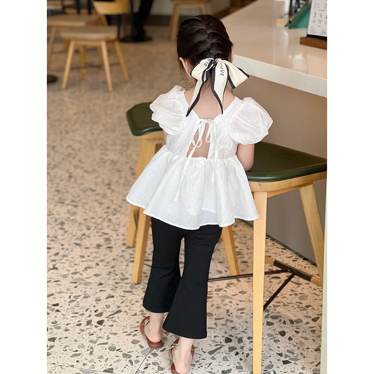 [Hàng Có Sẵn Ngay Lập Phương Set Áo Sơ Mi Cotton Trơn Dáng Rộng + Quần Ống Loe Thời Trang Mùa Hè Phong Cách Hàn Quốc Cho Bé Gái