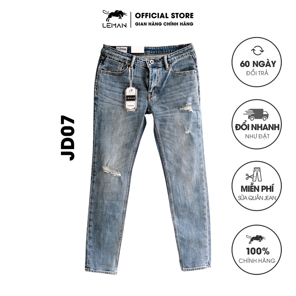 Quần Jean dài nam rách Leman JD07 - Form Slim màu xanh nhạt - đổi trả vui vẻ 60 ngày
